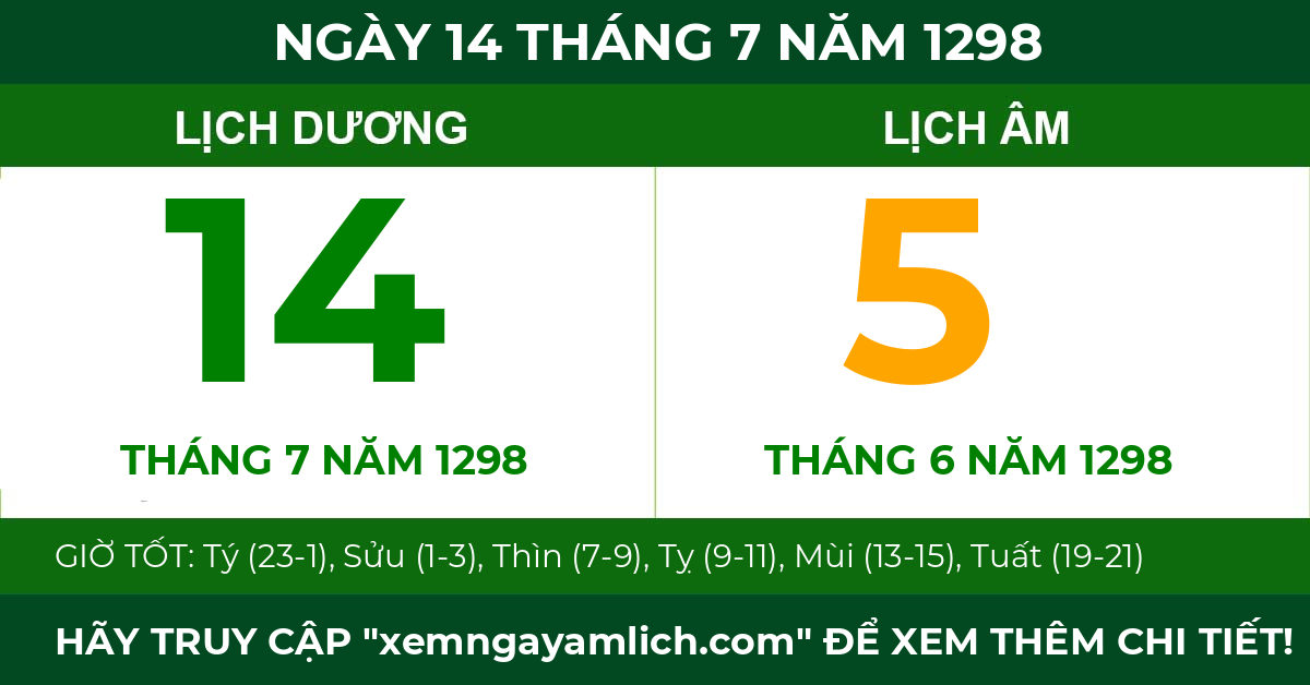 lịch âm ngày 14 tháng 7 năm 1298