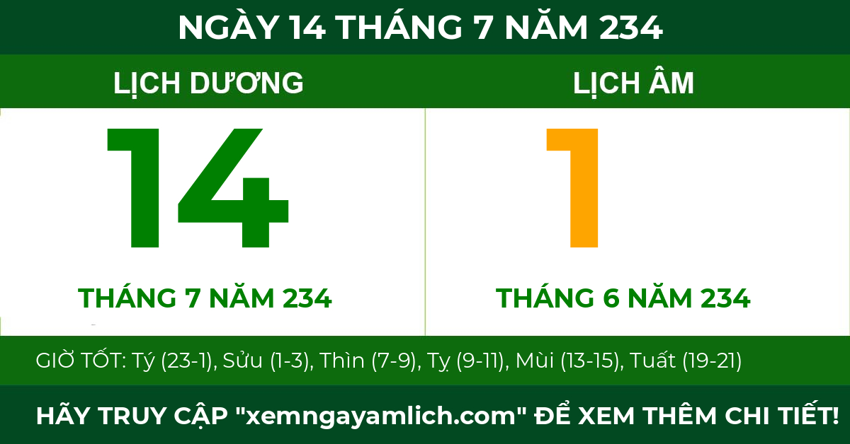 lịch âm ngày 14 tháng 7 năm 234