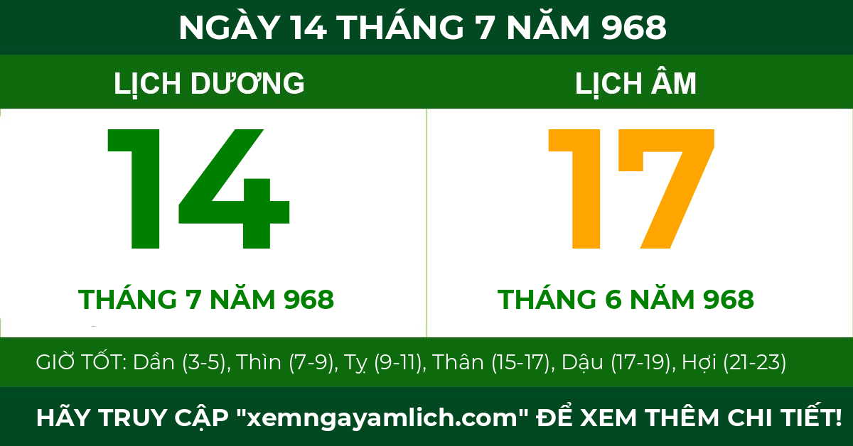 lịch âm ngày 14 tháng 7 năm 968