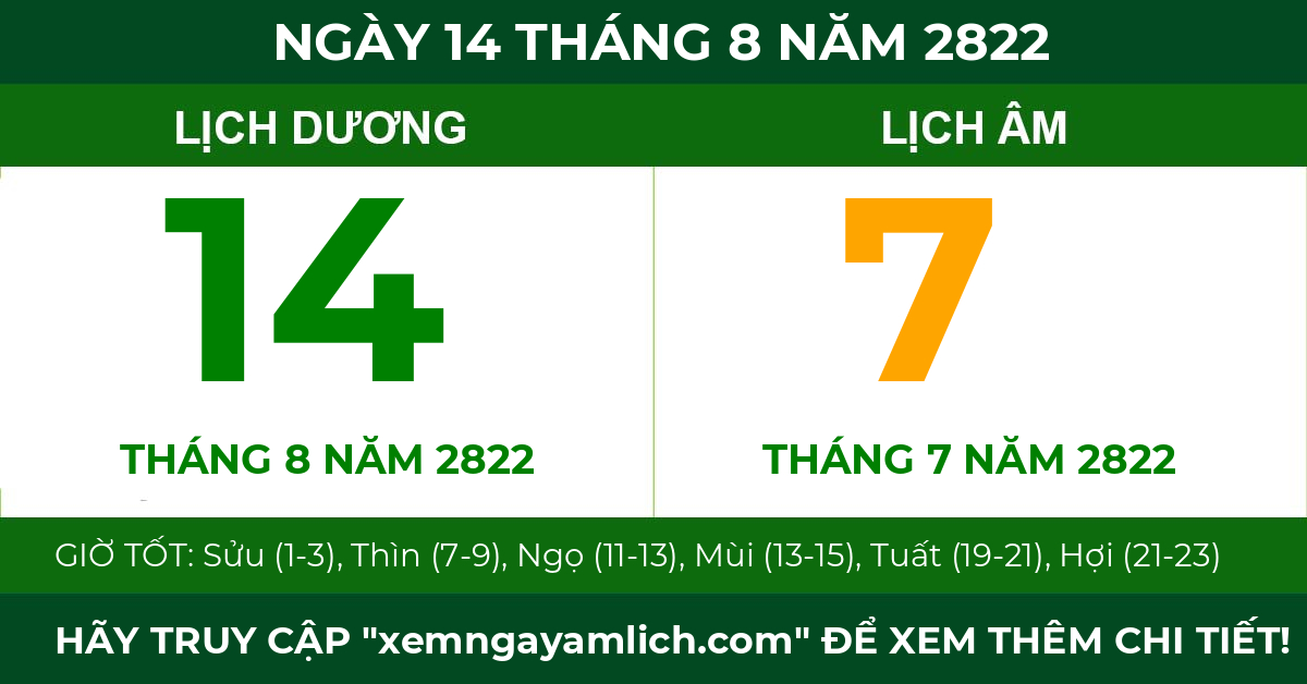 lịch âm ngày 14 tháng 8 năm 2822