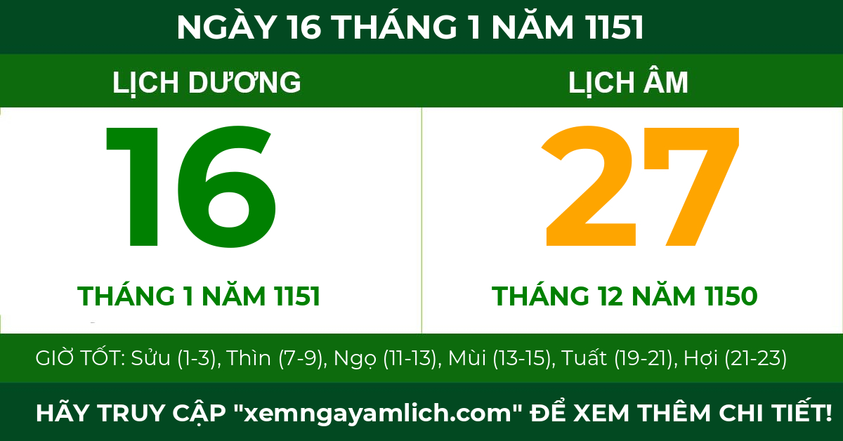 lịch âm ngày 16 tháng 1 năm 1151