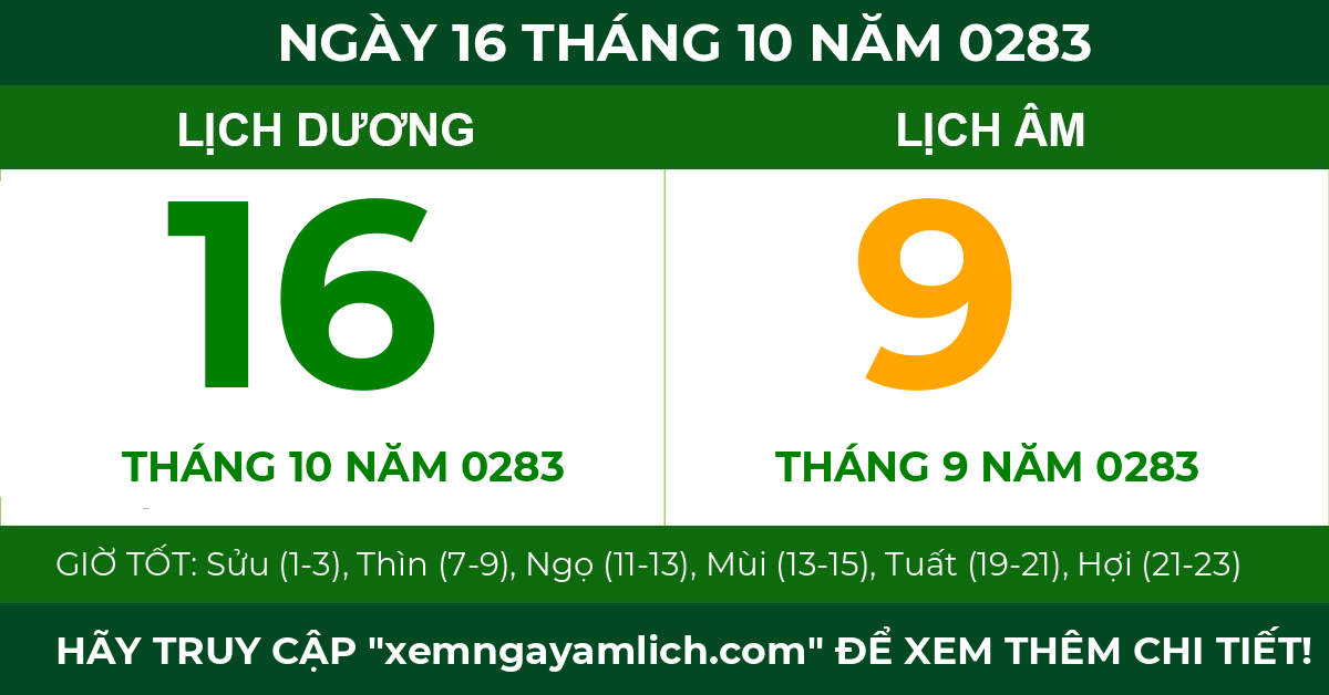 lịch âm ngày 16 tháng 10 năm 0283