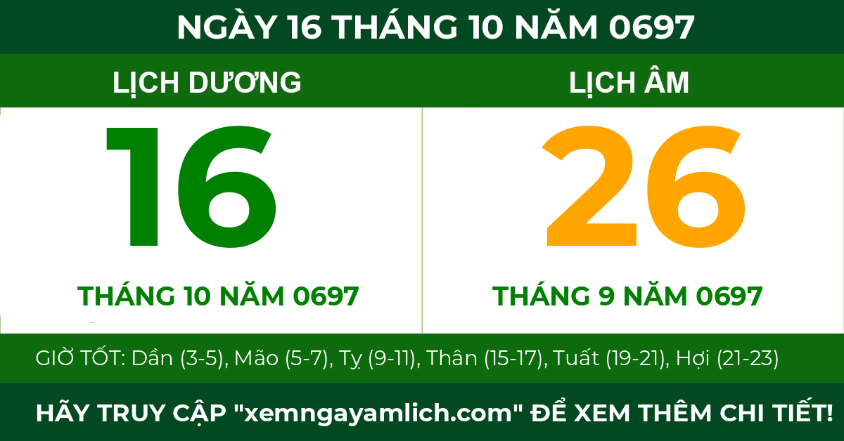 lịch âm ngày 16 tháng 10 năm 0697