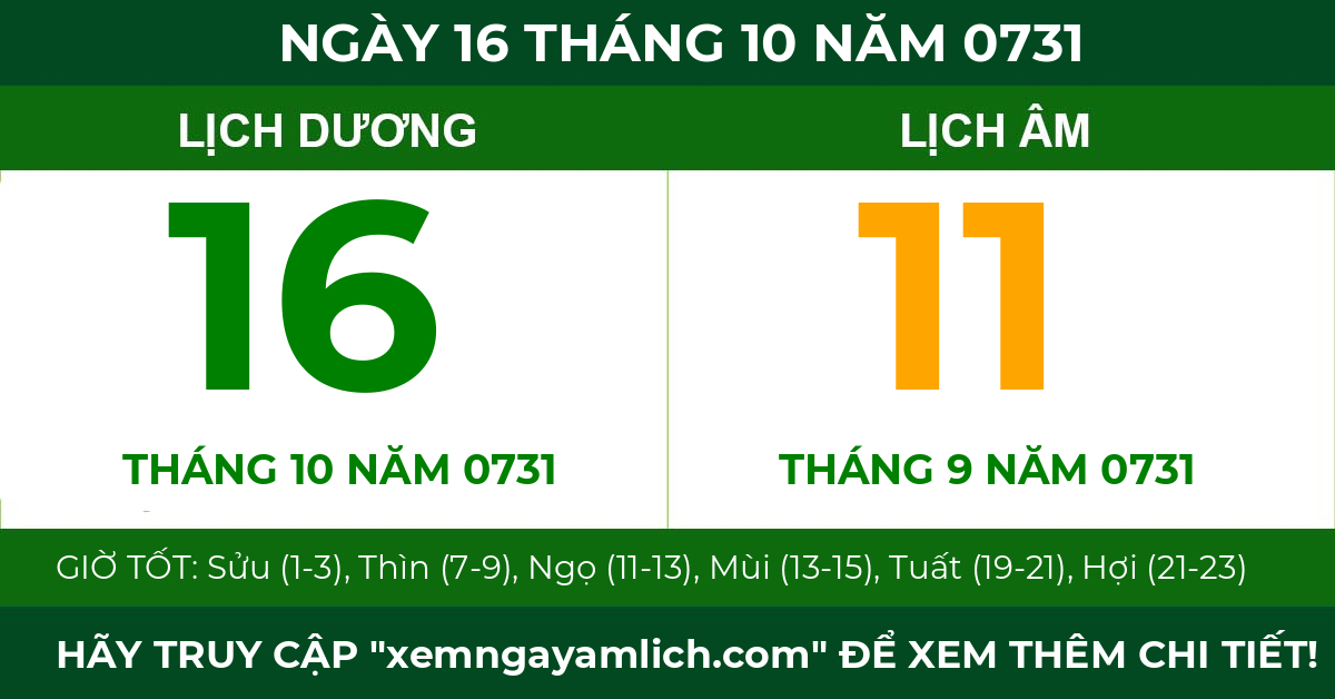 lịch âm ngày 16 tháng 10 năm 0731