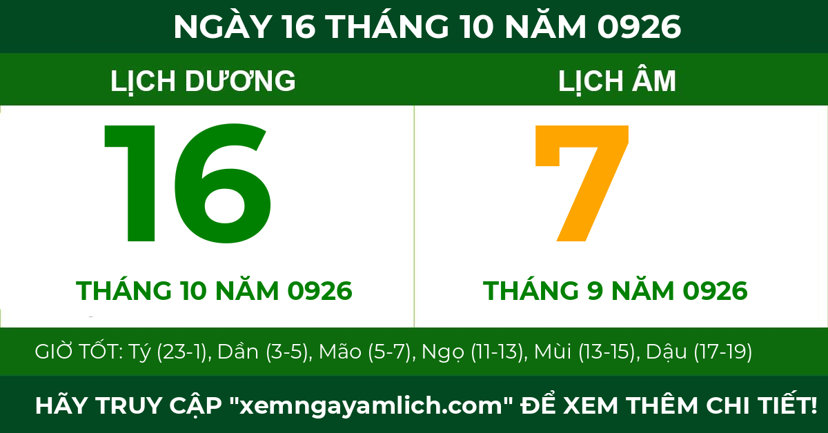 lịch âm ngày 16 tháng 10 năm 0926