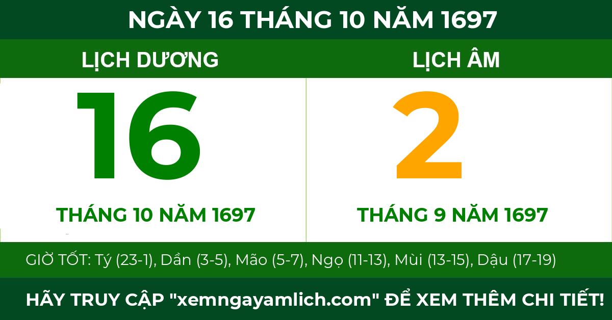 lịch âm ngày 16 tháng 10 năm 1697