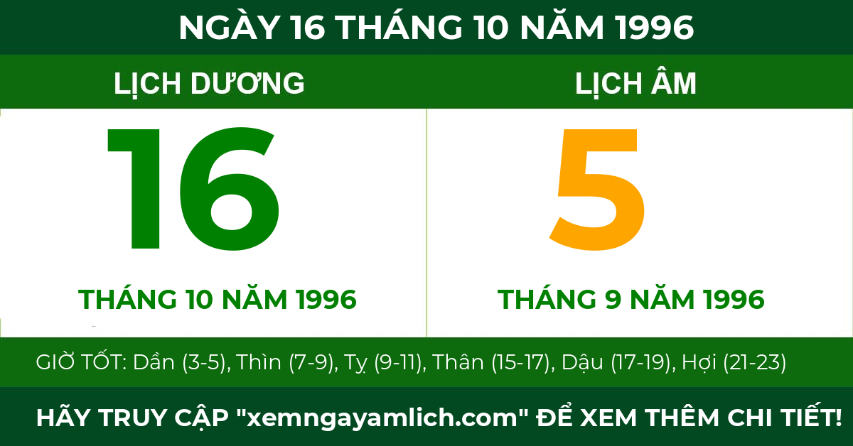 lịch âm ngày 16 tháng 10 năm 1996