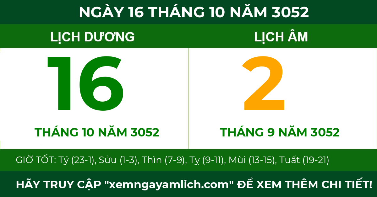 lịch âm ngày 16 tháng 10 năm 3052
