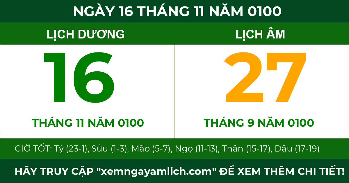lịch âm ngày 16 tháng 11 năm 0100