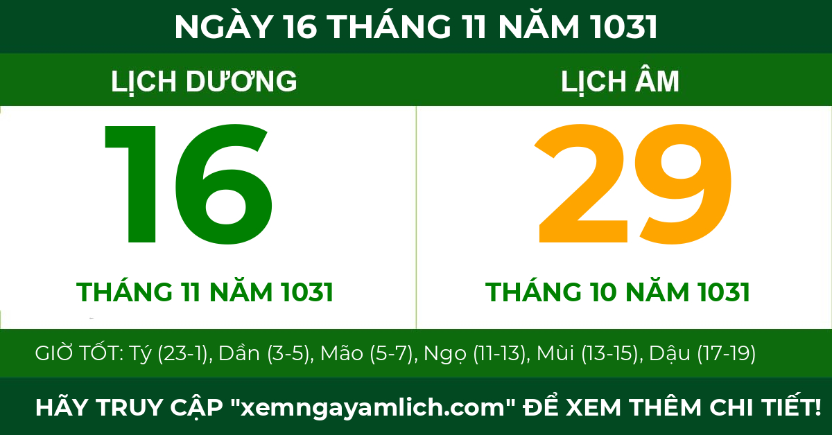 lịch âm ngày 16 tháng 11 năm 1031