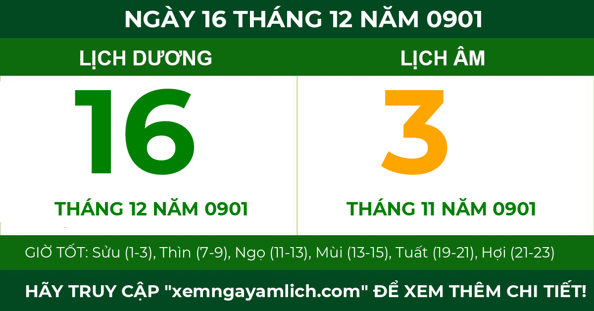 lịch âm ngày 16 tháng 12 năm 0901