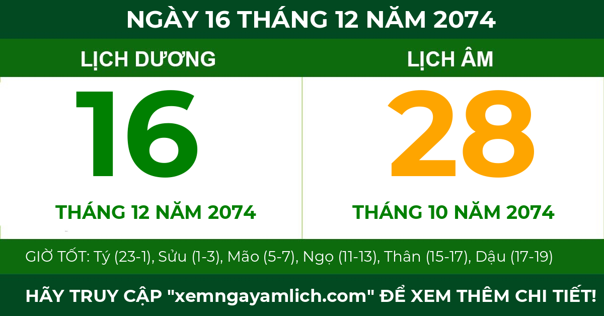 lịch âm ngày 16 tháng 12 năm 2074