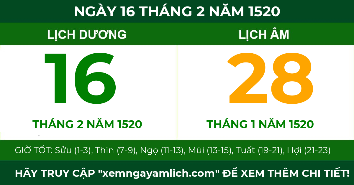 lịch âm ngày 16 tháng 2 năm 1520