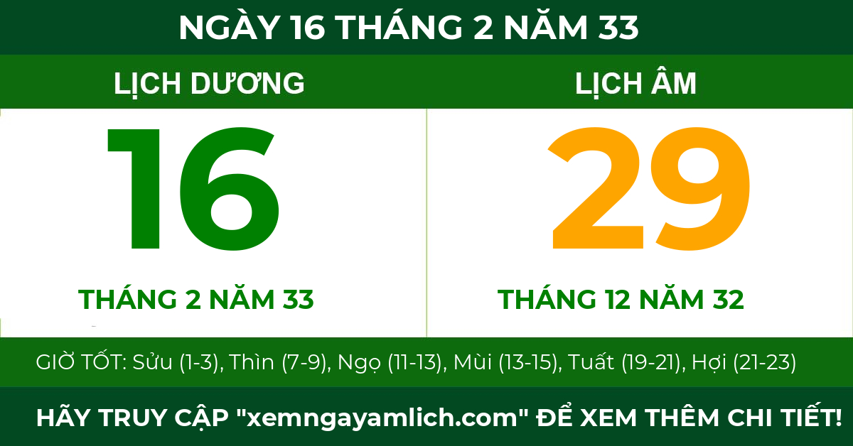 lịch âm ngày 16 tháng 2 năm 33
