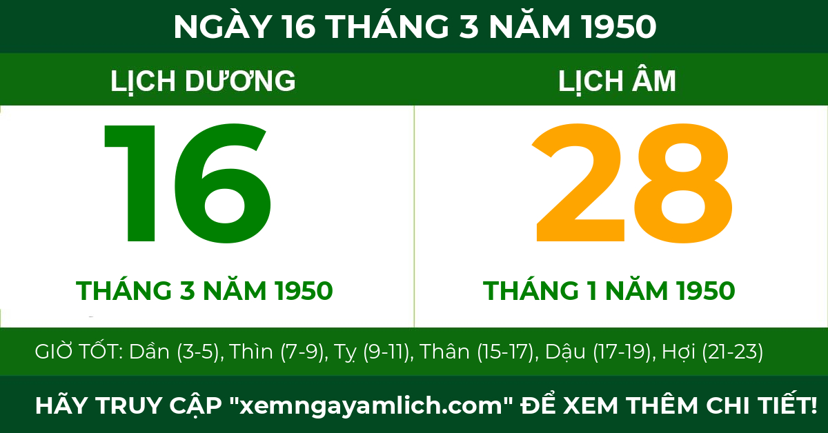 lịch âm ngày 16 tháng 3 năm 1950