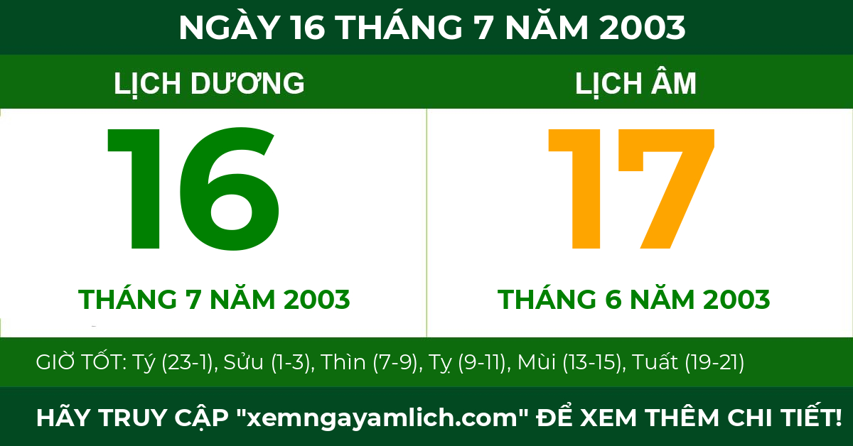 lịch âm ngày 16 tháng 7 năm 2003