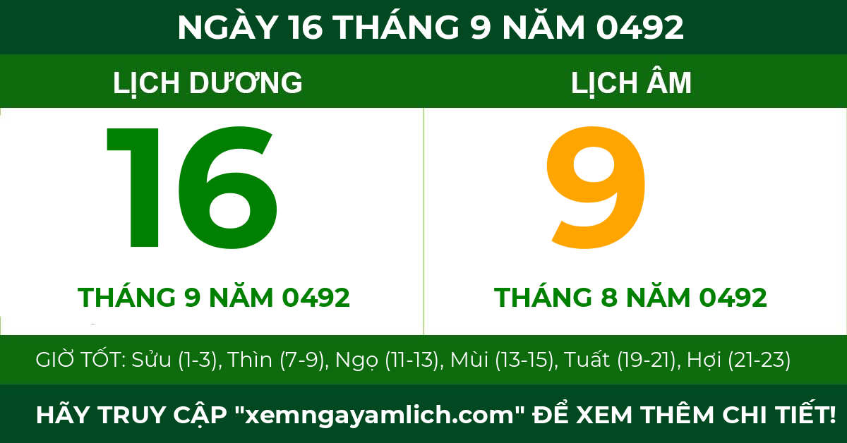 lịch âm ngày 16 tháng 9 năm 0492