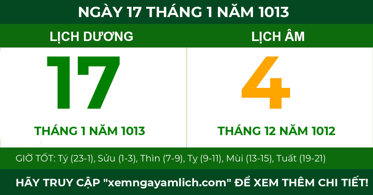 lịch âm ngày 17 tháng 1 năm 1013