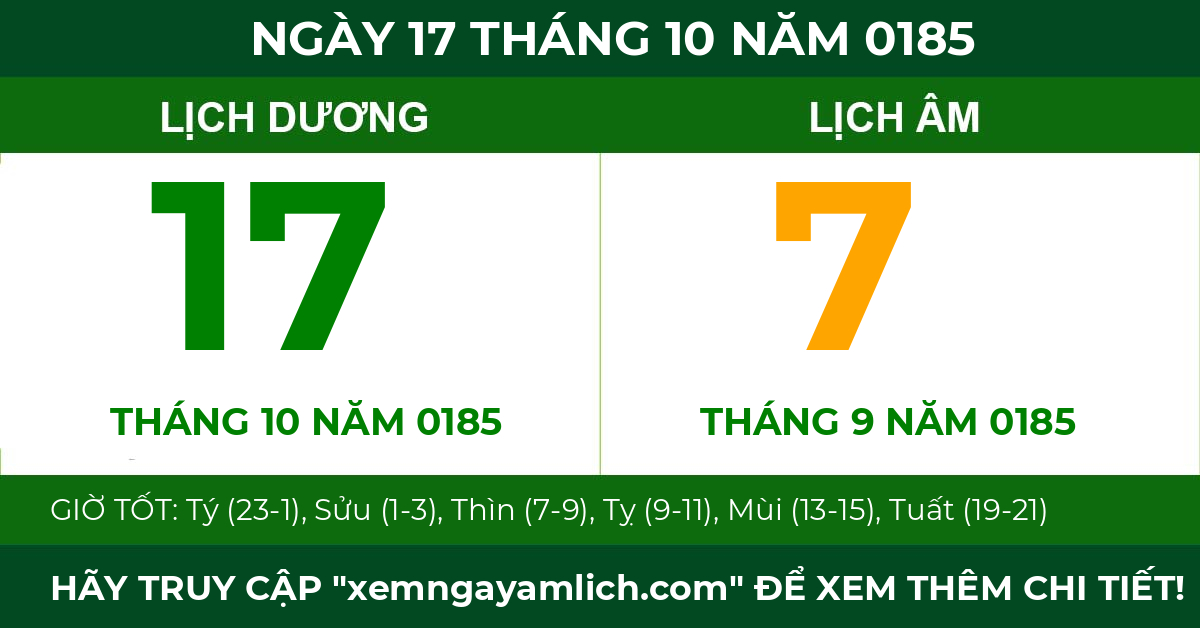 lịch âm ngày 17 tháng 10 năm 0185