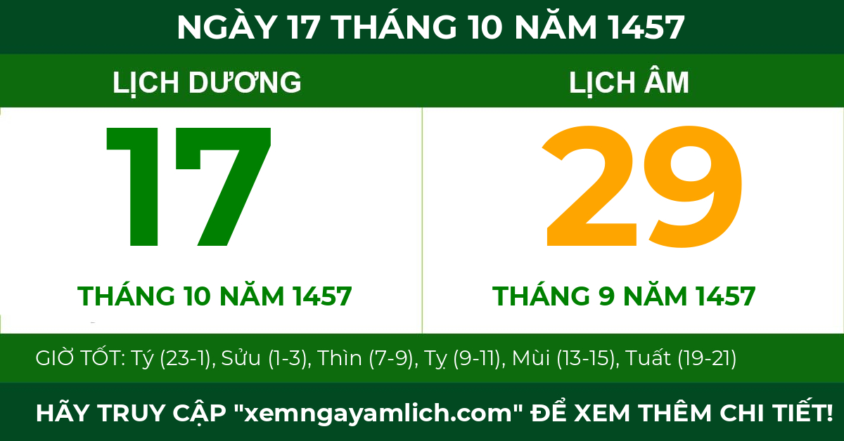 lịch âm ngày 17 tháng 10 năm 1457
