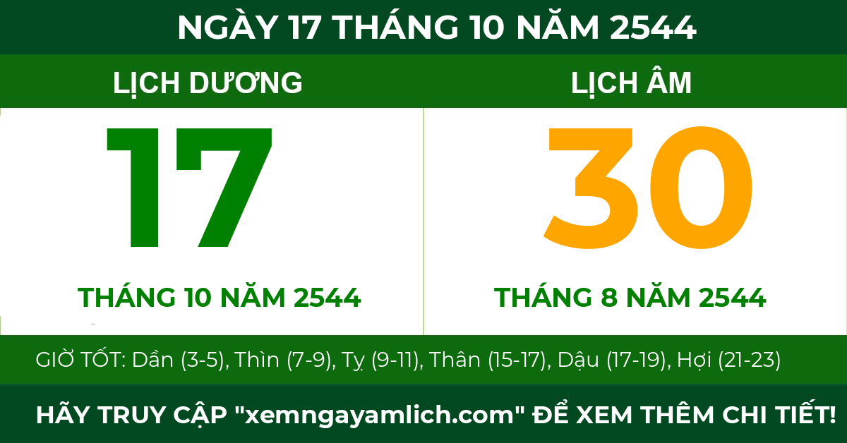 lịch âm ngày 17 tháng 10 năm 2544