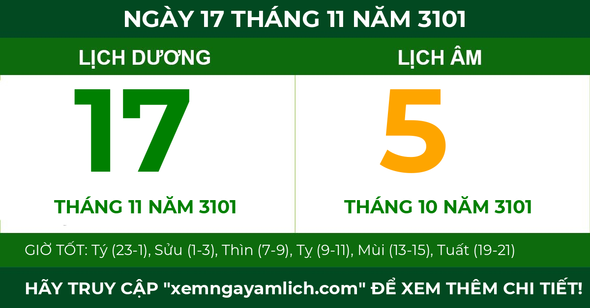 lịch âm ngày 17 tháng 11 năm 3101