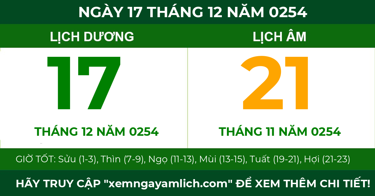 lịch âm ngày 17 tháng 12 năm 0254