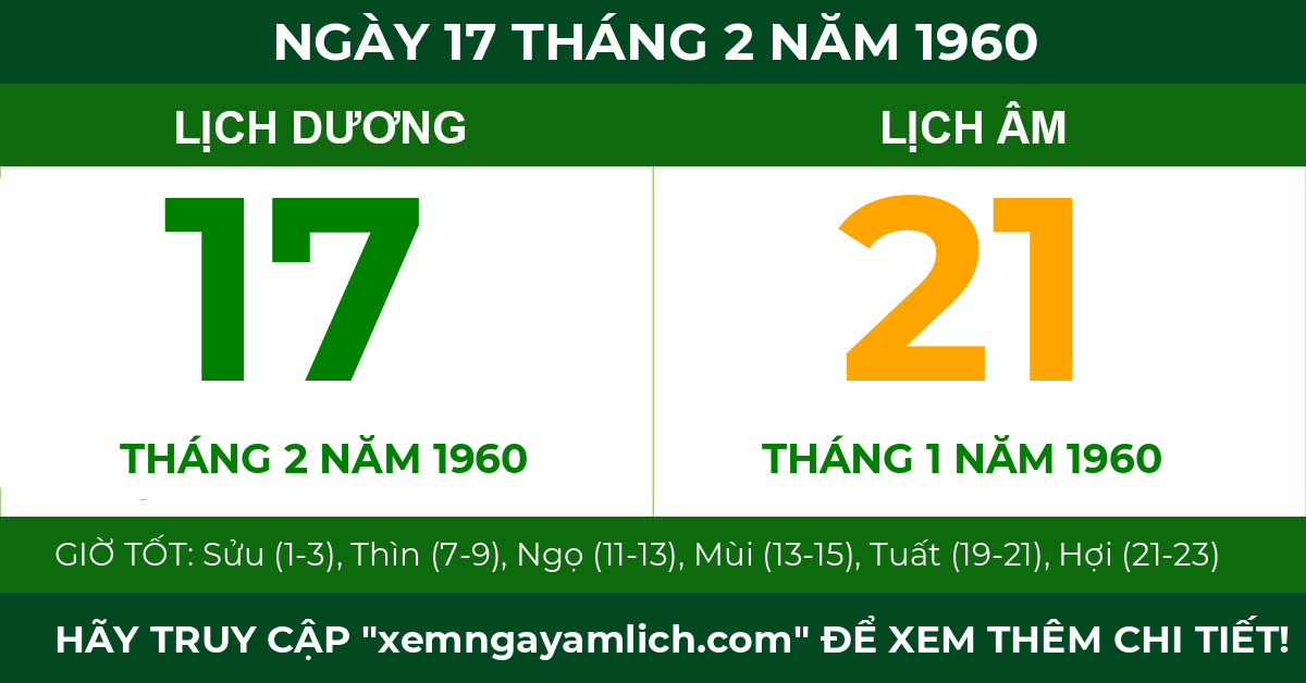 lịch âm ngày 17 tháng 2 năm 1960
