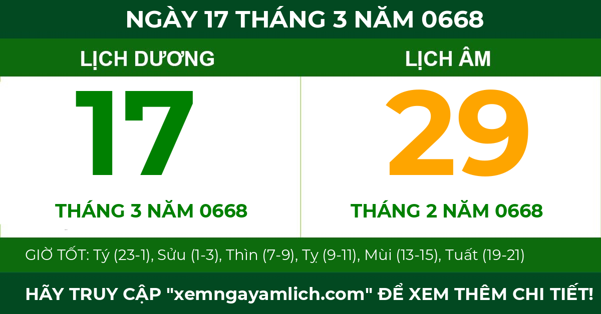 lịch âm ngày 17 tháng 3 năm 0668