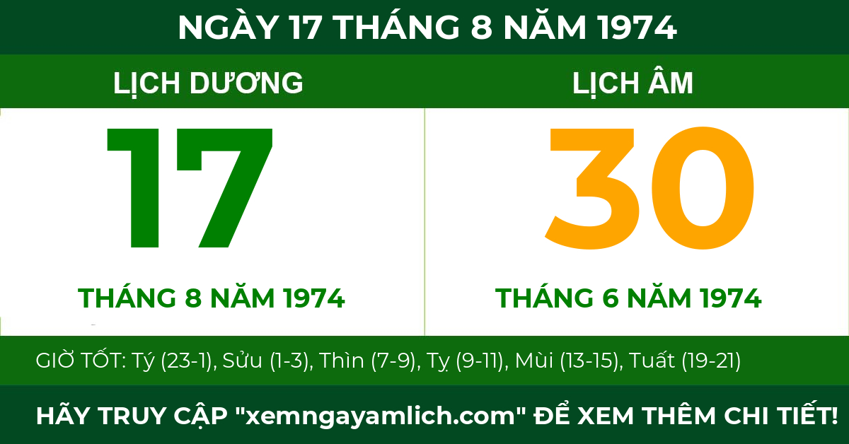 lịch âm ngày 17 tháng 8 năm 1974