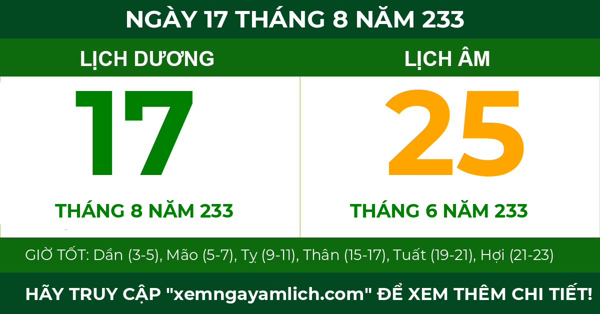 lịch âm ngày 17 tháng 8 năm 233