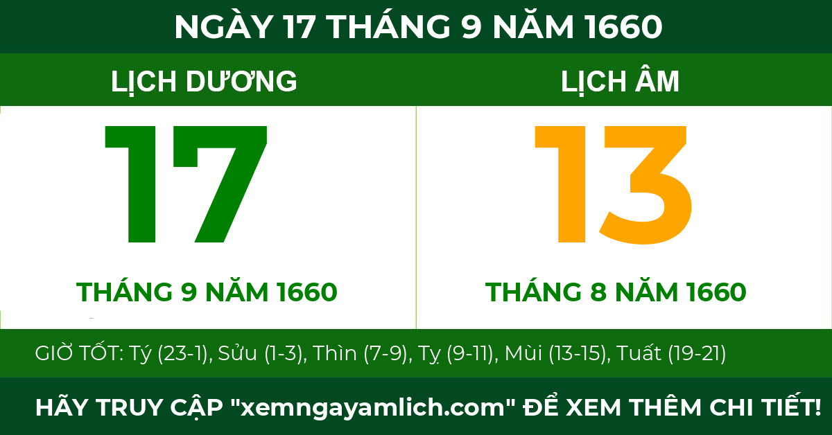 lịch âm ngày 17 tháng 9 năm 1660