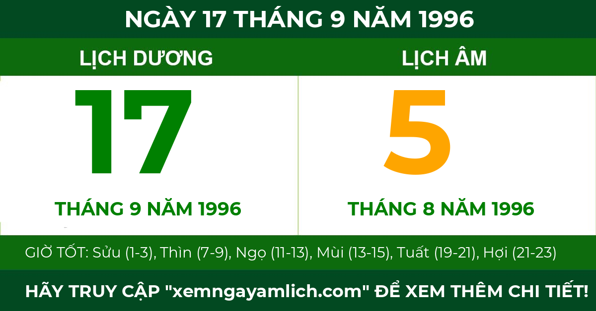 lịch âm ngày 17 tháng 9 năm 1996