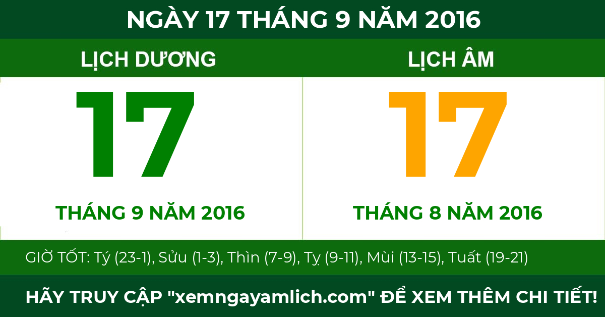 lịch âm ngày 17 tháng 9 năm 2016