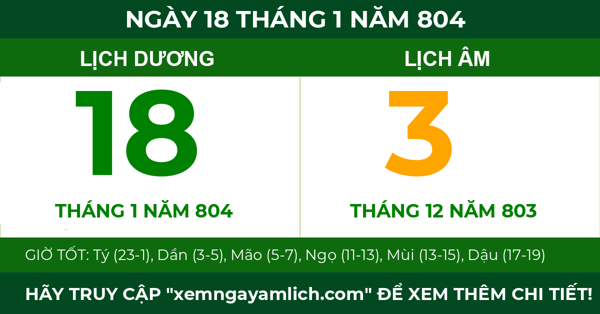 lịch âm ngày 18 tháng 1 năm 804