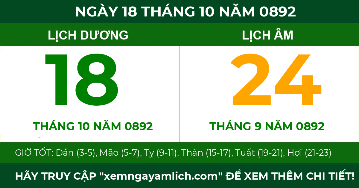 lịch âm ngày 18 tháng 10 năm 0892