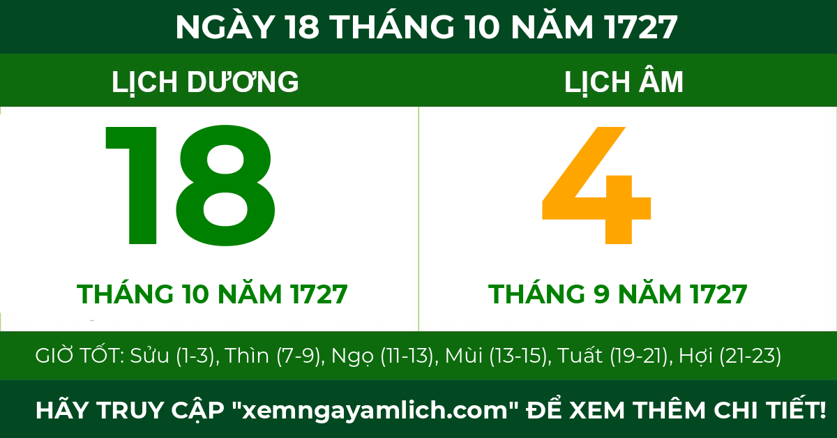 lịch âm ngày 18 tháng 10 năm 1727
