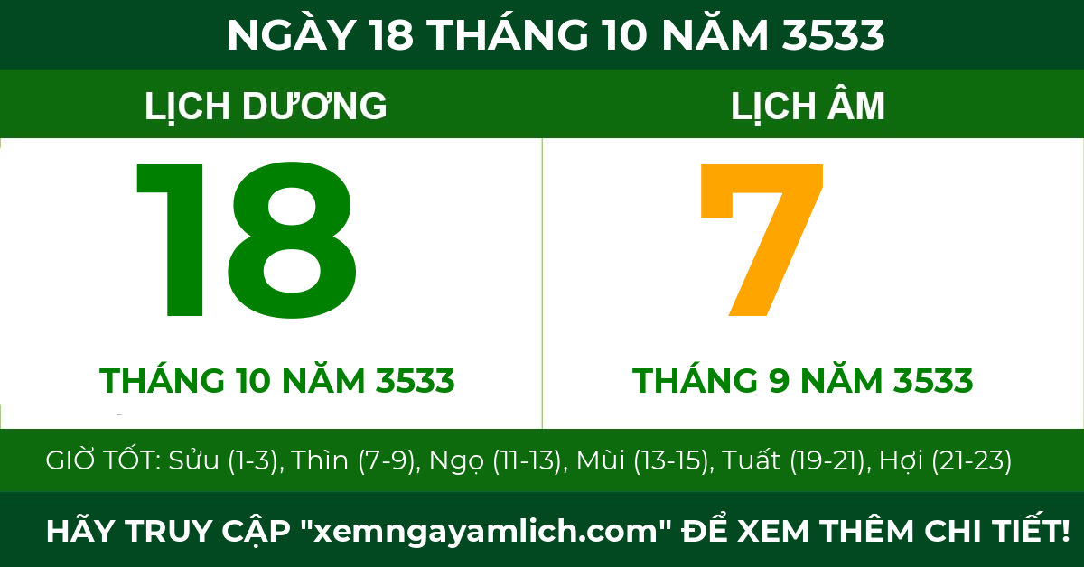 lịch âm ngày 18 tháng 10 năm 3533