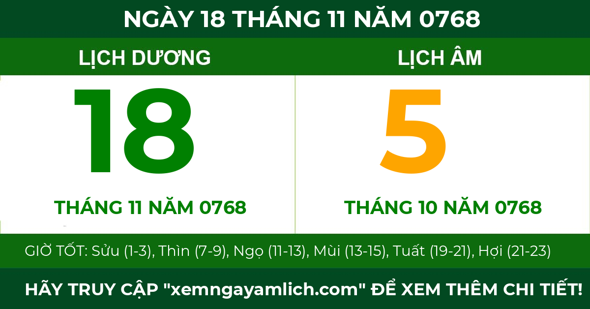 lịch âm ngày 18 tháng 11 năm 0768