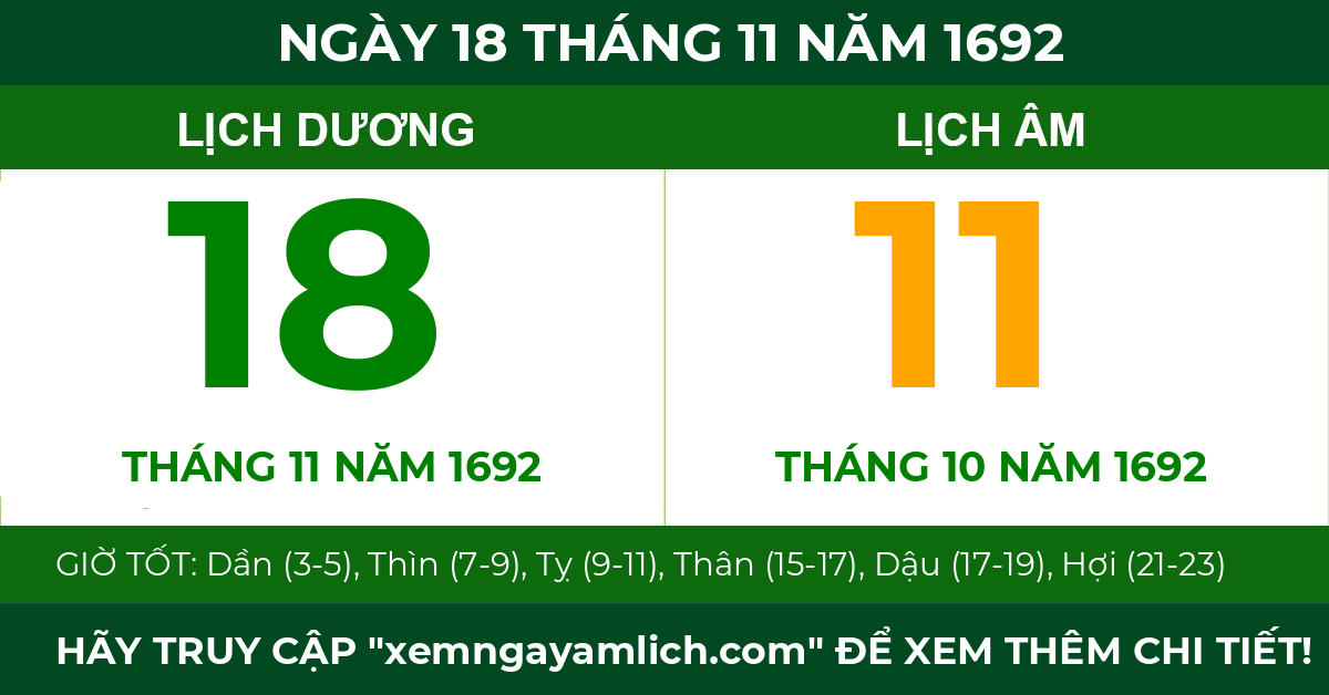 lịch âm ngày 18 tháng 11 năm 1692