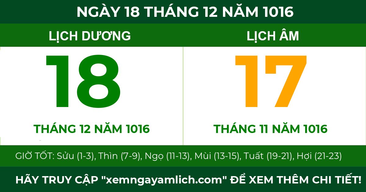 lịch âm ngày 18 tháng 12 năm 1016