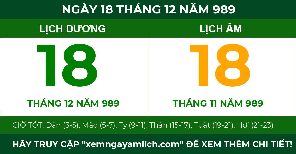 lịch âm ngày 18 tháng 12 năm 989