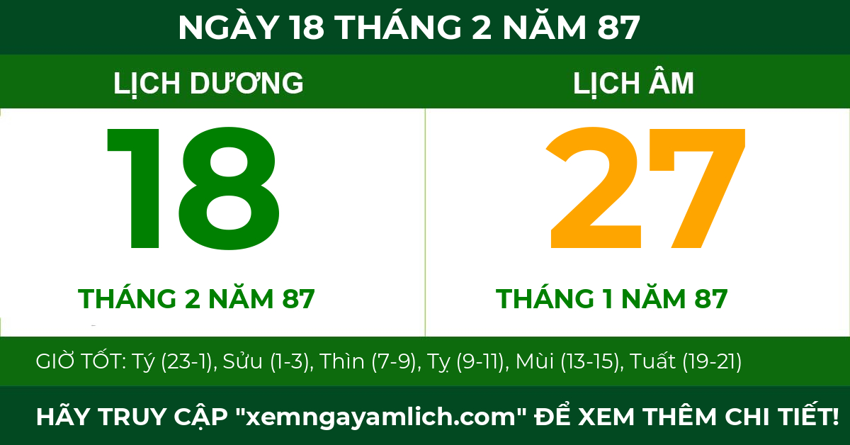 lịch âm ngày 18 tháng 2 năm 87