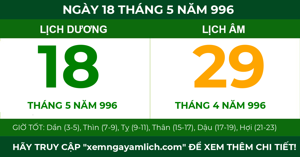 lịch âm ngày 18 tháng 5 năm 996