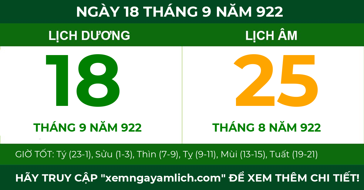 lịch âm ngày 18 tháng 9 năm 922