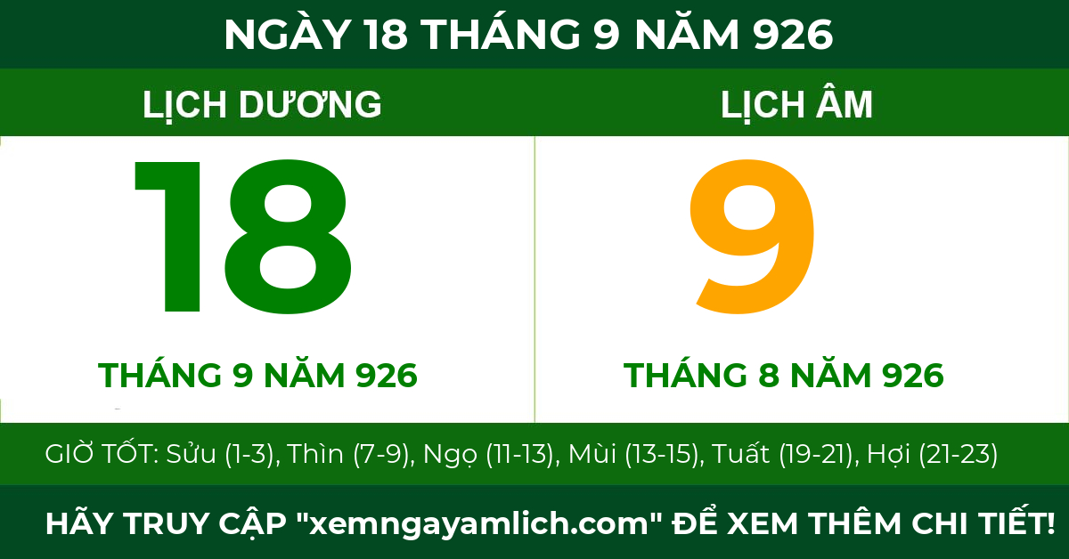 lịch âm ngày 18 tháng 9 năm 926