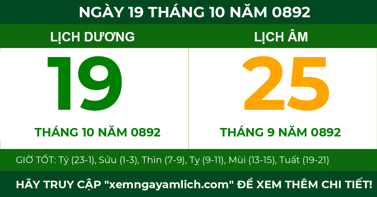lịch âm ngày 19 tháng 10 năm 0892