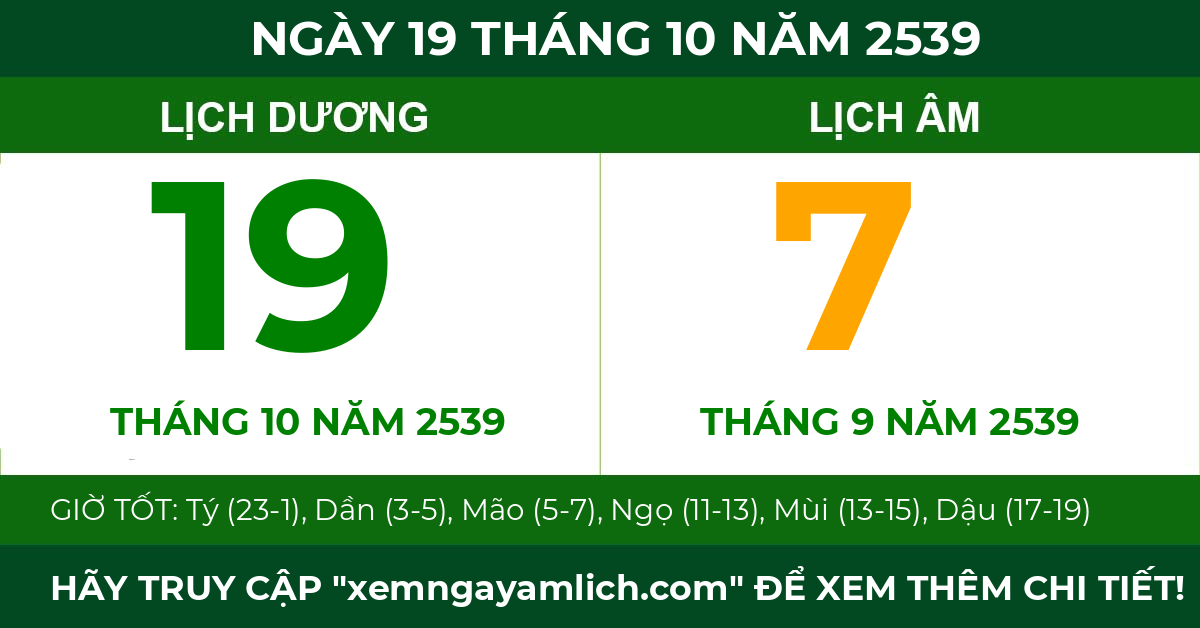 lịch âm ngày 19 tháng 10 năm 2539