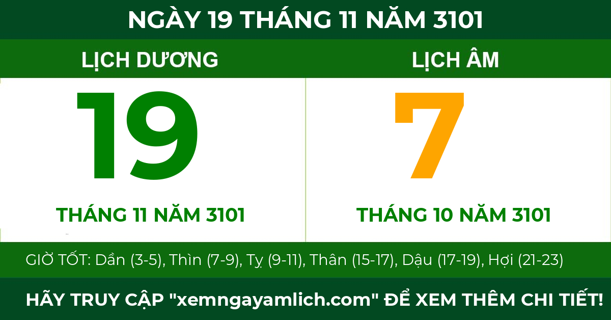 lịch âm ngày 19 tháng 11 năm 3101