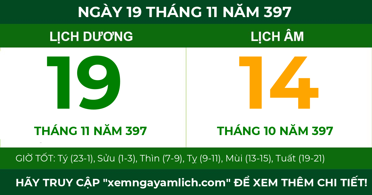 lịch âm ngày 19 tháng 11 năm 397